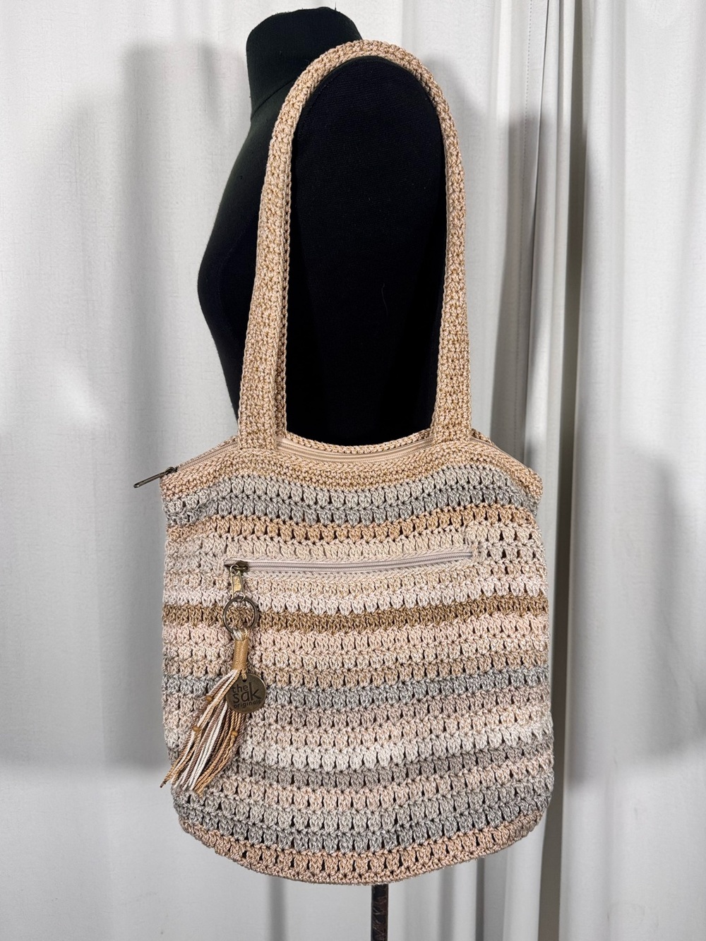The Sak Neutral Striped Crochet Shoulder Tote Bag